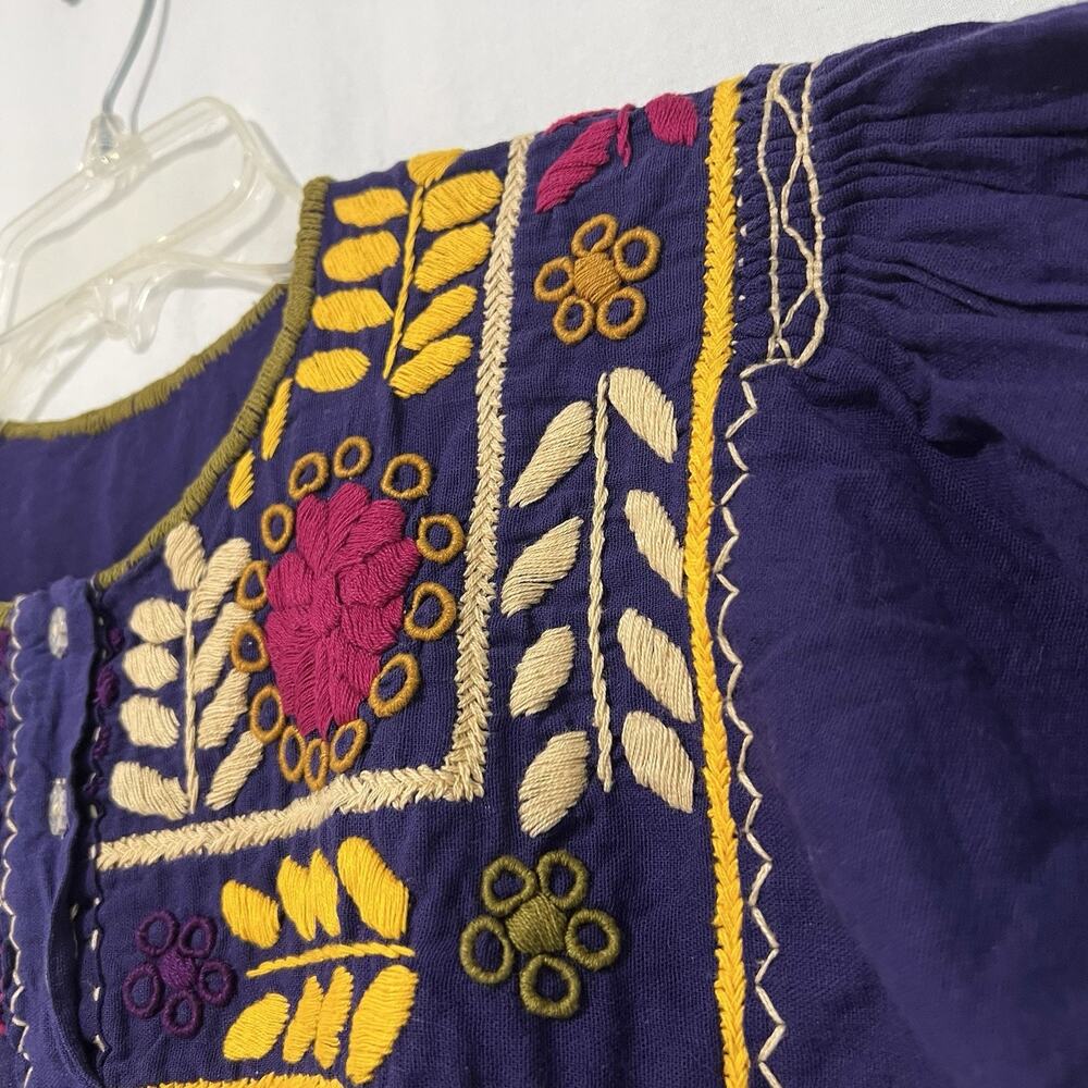 Handmade Folk Mexican Embroidered Blouse Large Purple Floral Top Pleated - Picture 3 of 10